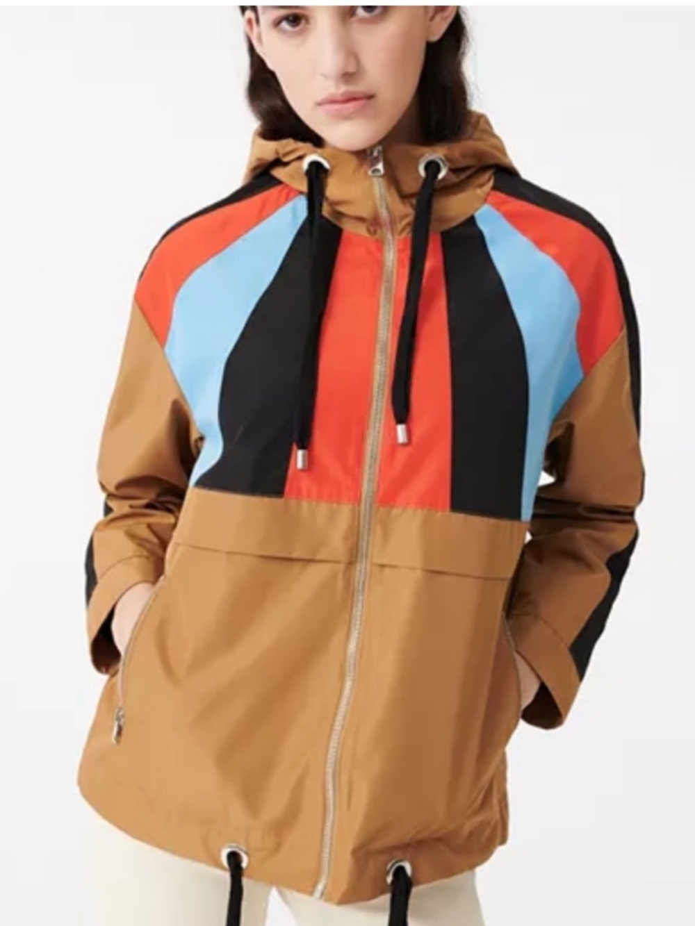 Maje Colorblock Hooded Utility Jacket in Tan with Black, Red and Light Blue
